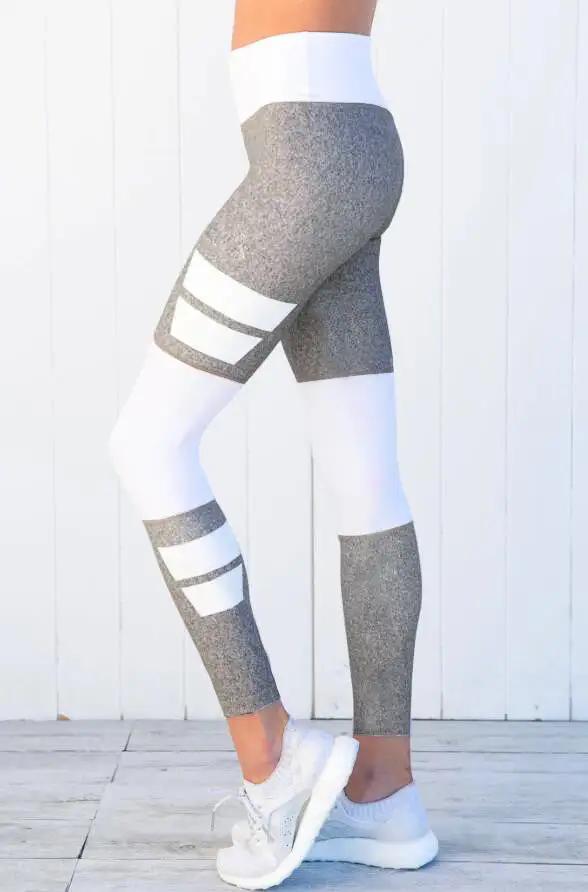 Women's color matching yoga fitness yoga pants in gray and white with stitching design, cotton material.