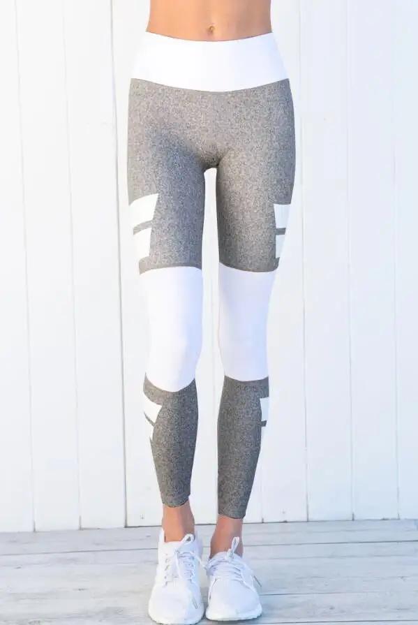 Women's gray and white color matching yoga pants on a model.