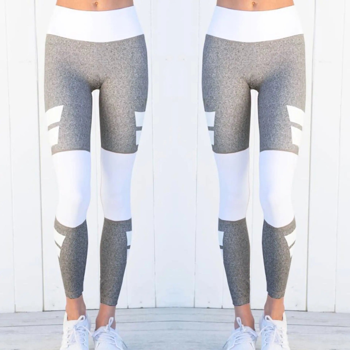 Women's color matching yoga pants, gray and white, cotton material, available in sizes S to XL.