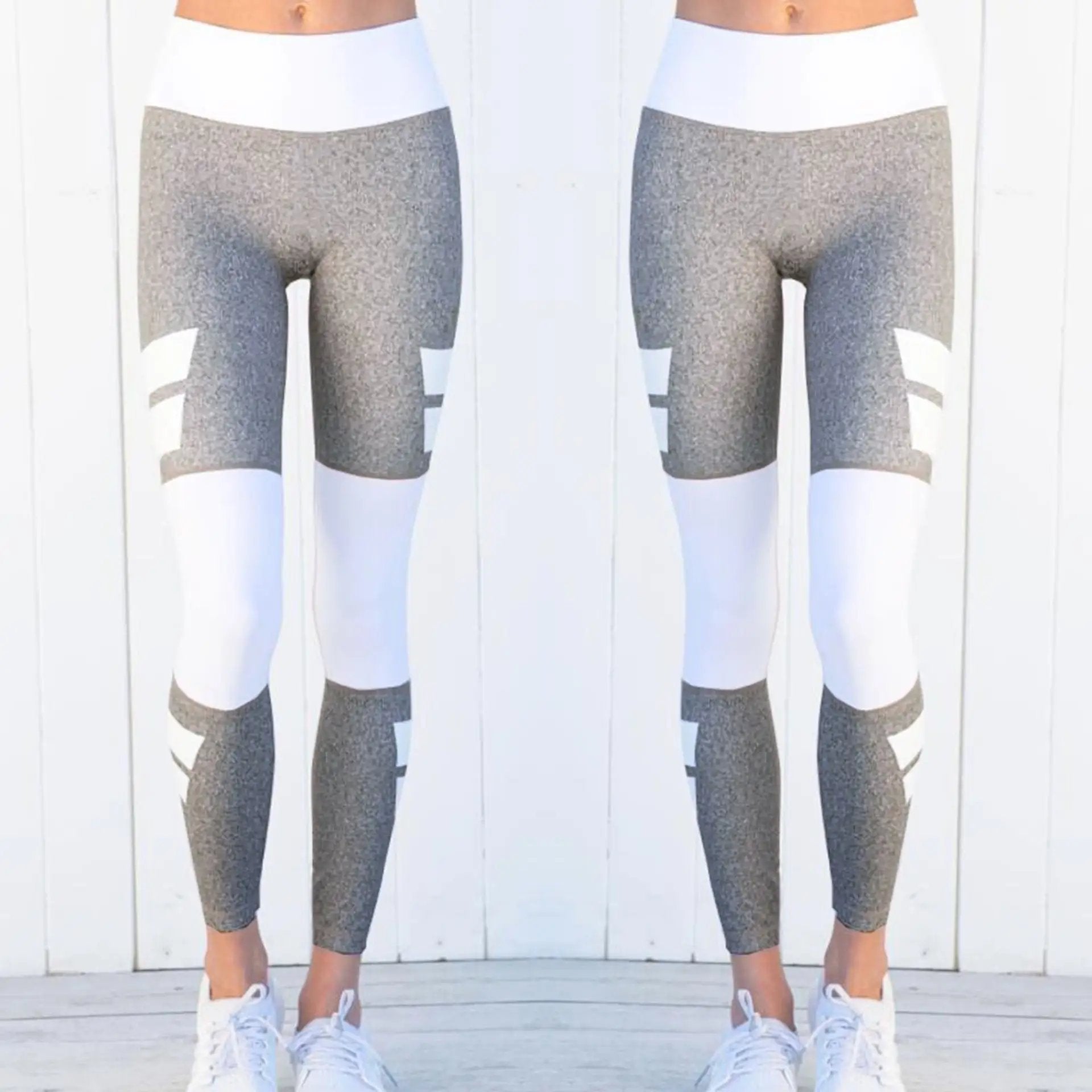 Women's color matching yoga pants, gray and white, cotton material, available in sizes S to XL.