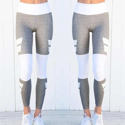 Women's color matching yoga pants, gray and white, cotton material, available in sizes S to XL.