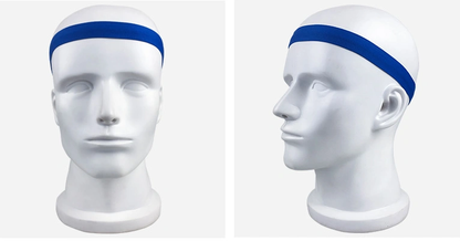 Blue fitness yoga hair band displayed on a mannequin head.