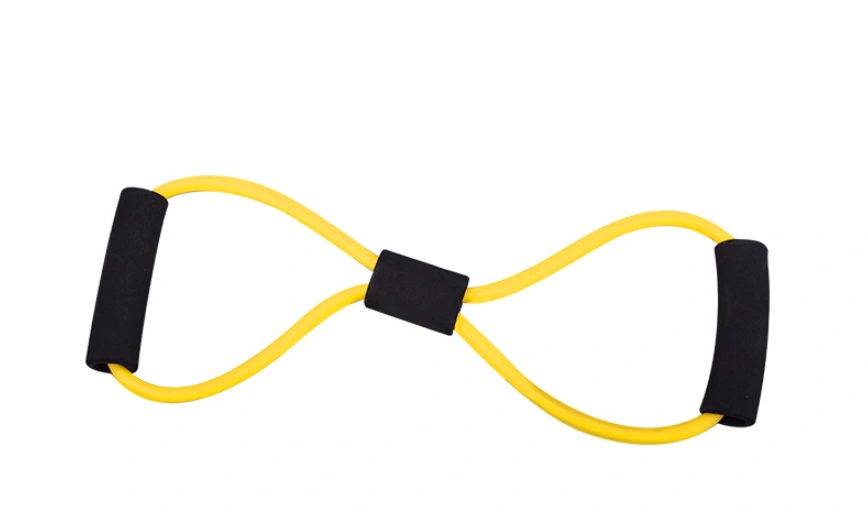 Yellow fitness stretching rope with foam handles and thick elastic tube.