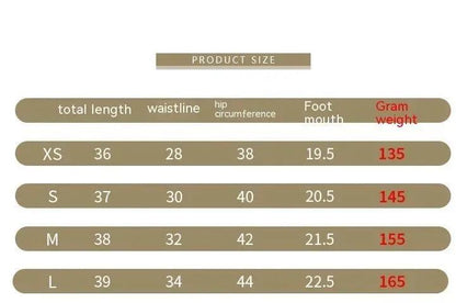 Size chart for Women's Yoga Shorts Fitness Pants, featuring measurements for total length, waistline, hip circumference, and foot mouth, in sizes XS to L.