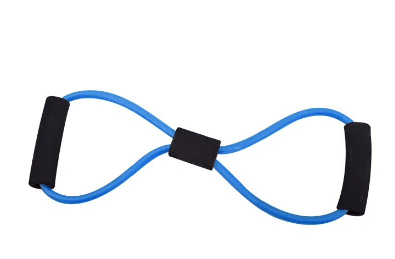 Blue fitness stretching rope with non-slip foam handles and durable rubber tubing.