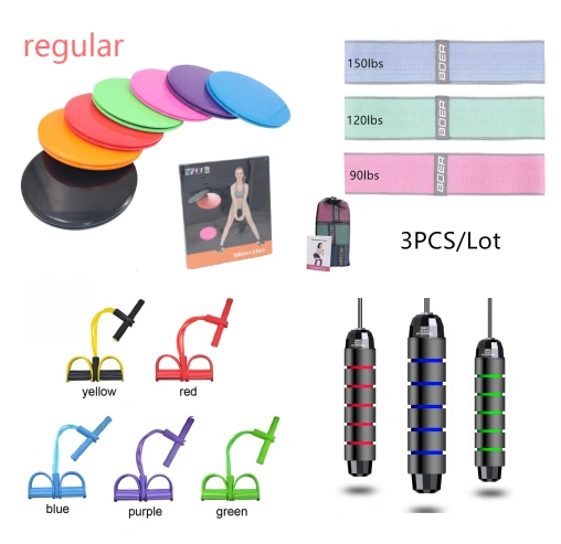 Colorful fitness equipment set with resistance bands, push-up bars, and discs for versatile workouts.