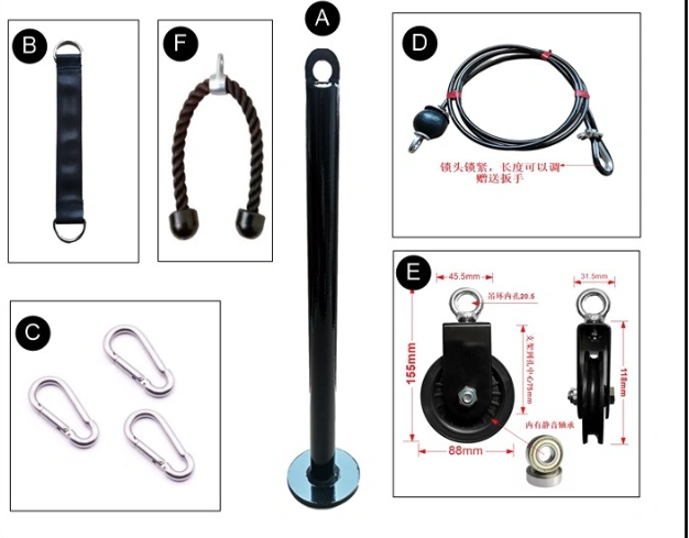 Portable limited fitness equipment components including handles, carabiners, cables, and pulley system.