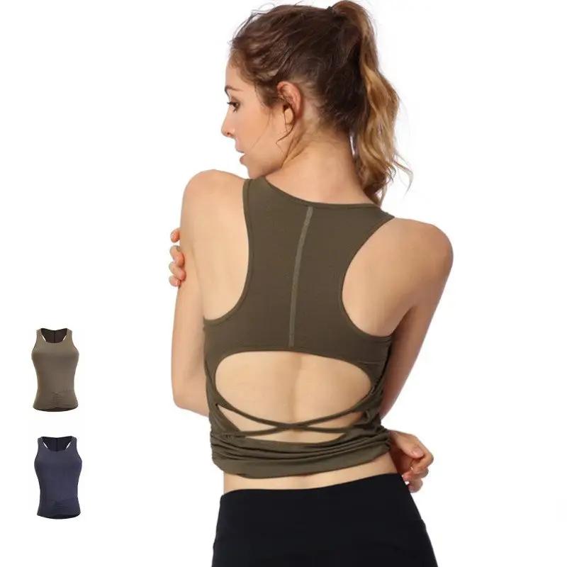 Women's yoga fitness running vest in nylon fabric, plain pattern, showcasing back design.