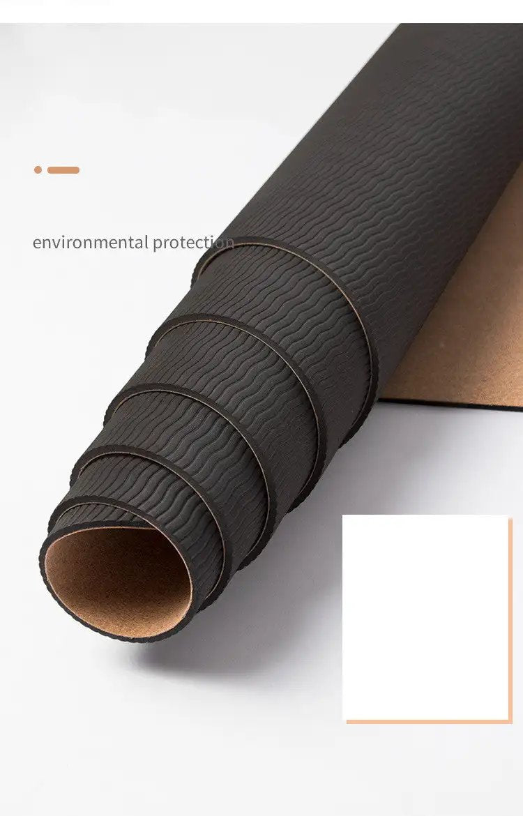 Eco-friendly cork yoga mat with non-slip texture and layered design, featuring black and brown color options.