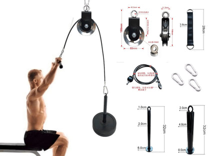 Portable limited fitness equipment with pulley system and attachments for versatile workouts.