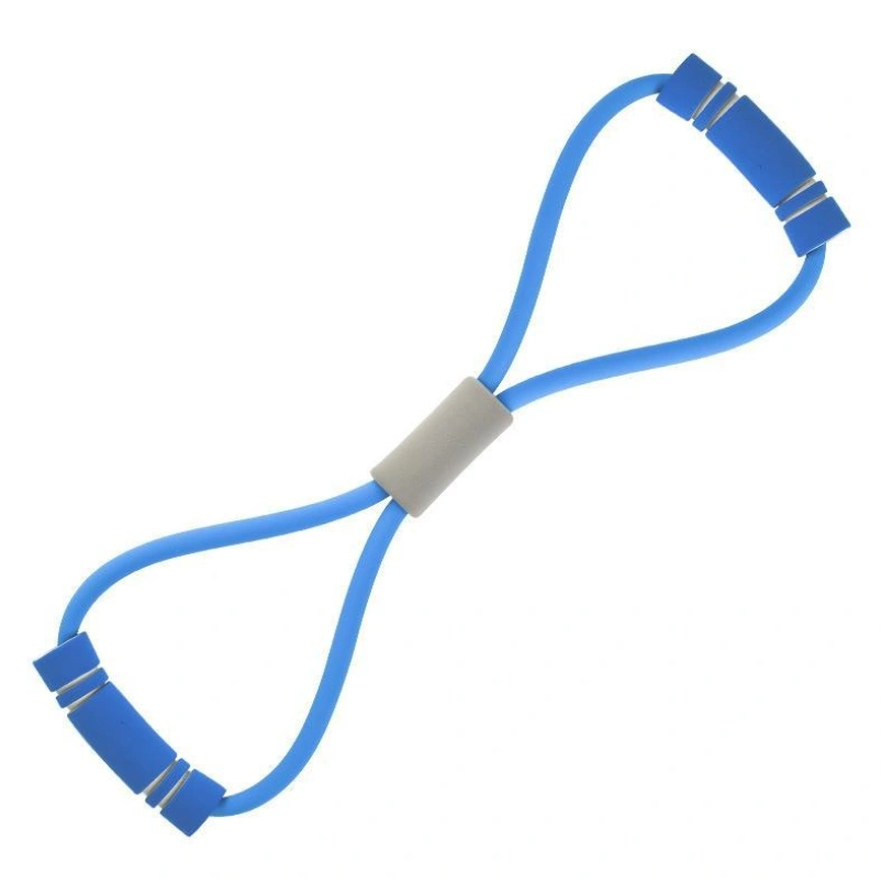 Blue fitness stretching rope with non-slip foam handles and durable rubber tube design.