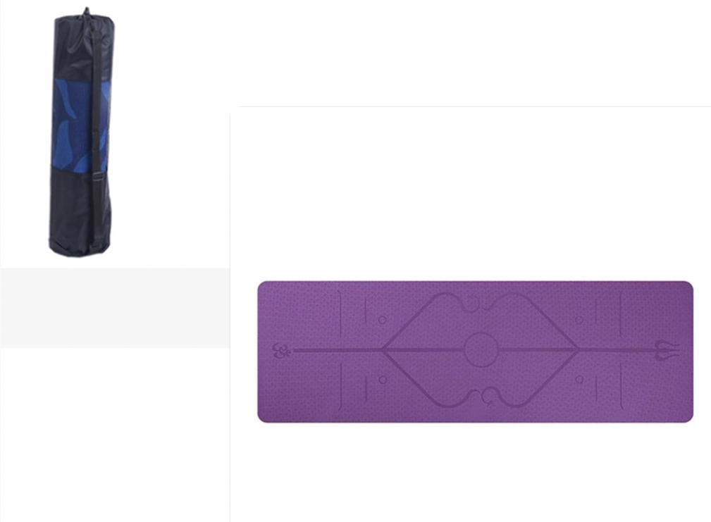 Purple yoga mat with printed position lines and black tote bag.