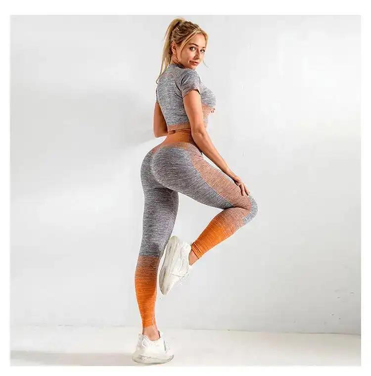 Elastic fitness sports yoga clothes in gray and orange, featuring quick-drying and striped design.