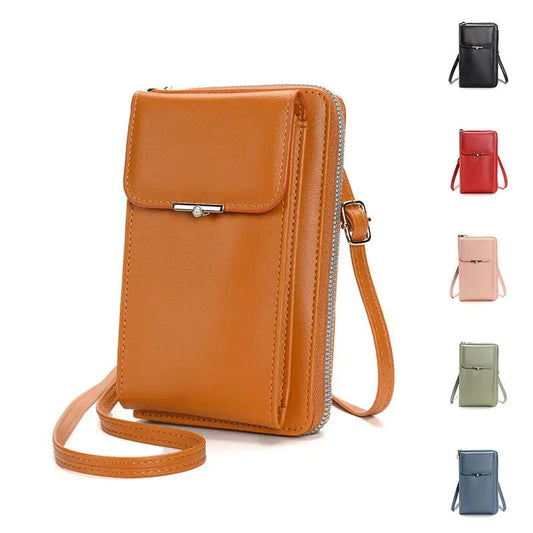 Fashionable crossbody shoulder bag and wallet for women, available in black, blue, green, brown, and red, showcasing large capacity for mobile phones and essentials.