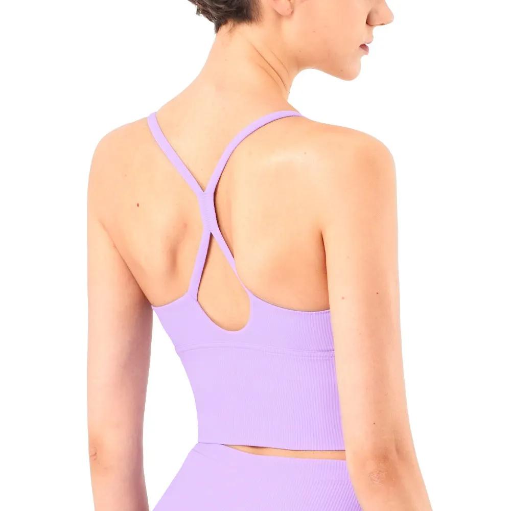 Dream Purple Slimming Yoga Fitness Bra with fixed straps, sporty design, and ribbed features.