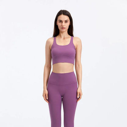 Women's fitness running yoga bra in purple, featuring super elastic cotton blended fabric. Suitable for all seasons.