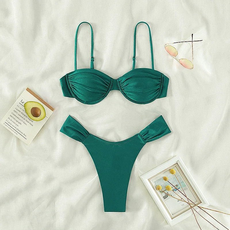 2023 new push up women swimwear sets new sexy bikini set solid color sling pleated split swimsuit Women 2 pieces micro bikini Sw - WILKYs