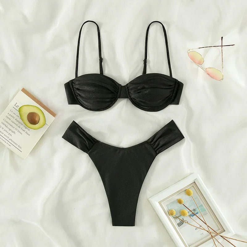 2023 new push up women swimwear sets new sexy bikini set solid color sling pleated split swimsuit Women 2 pieces micro bikini Sw - WILKYs