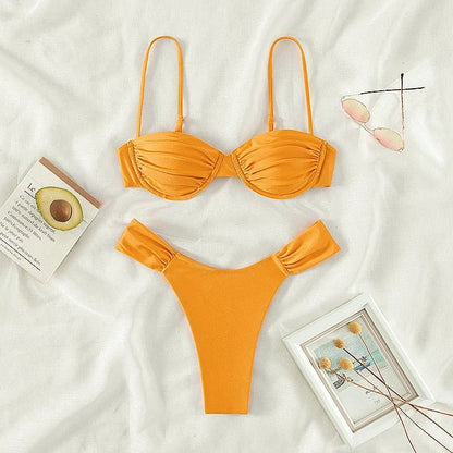 2023 new push up women swimwear sets new sexy bikini set solid color sling pleated split swimsuit Women 2 pieces micro bikini Sw - WILKYs