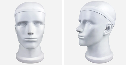 White fitness yoga hair band on mannequin head, showing side and front views, made from polyester, rubber, and silicone with anti-skid strips.