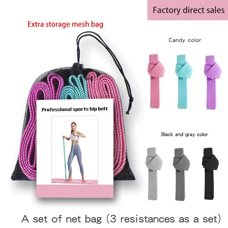 WILKYs0New Yoga Fitness Female Pull Rope
 [Material]: polyester cotton + latex silk
 
 
 [Color]: multicolor
 
 
 [Specifications]: Three sets of one set
 
 
 [Packing]: net bag + manual
 
 

【Size】: 4*200