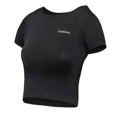 Yoga fitness short sleeve top in black nylon.