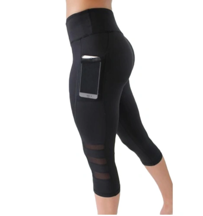 Black yoga fitness pants with side phone pocket and mesh detail.