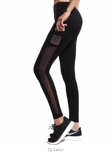 Black yoga fitness pants with mesh detail and side pocket.