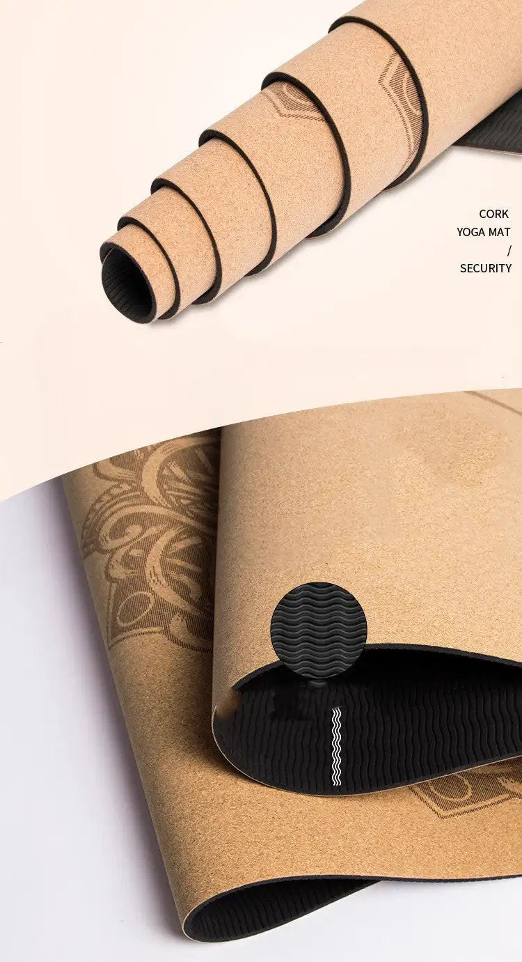 Cork Yoga Mat with non-slip TPE layer and natural cork surface, 183cm x 66cm.