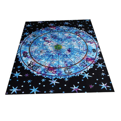 Colorful zodiac-themed yoga mat with a non-slip surface for stability and comfort.