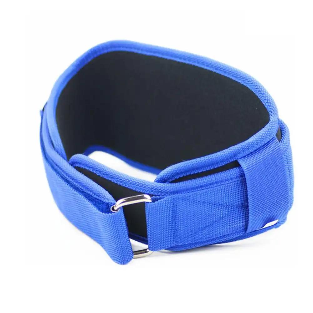 Blue nylon fitness belt for weightlifting, adjustable for optimal support.