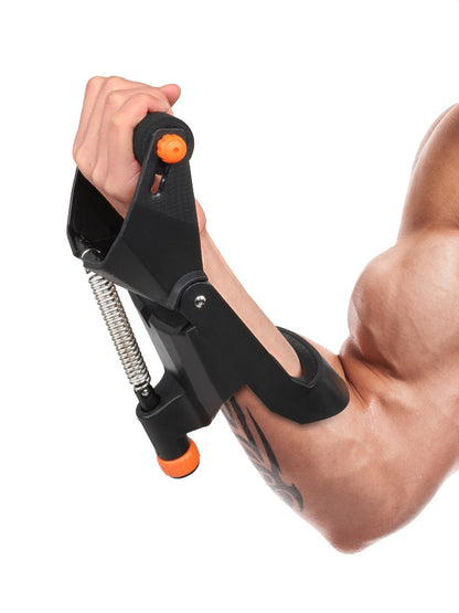 WILKYs0Professional men's wrist power equipment at home
 Name: Adjustable wrist force
 
 Color: black with orange
 
 Size: 12.5X 10X2 1 CM
 
 Material: ABS plastic carbon steel foam
 
 Exercise part: wrist arm
 
 Suitabl