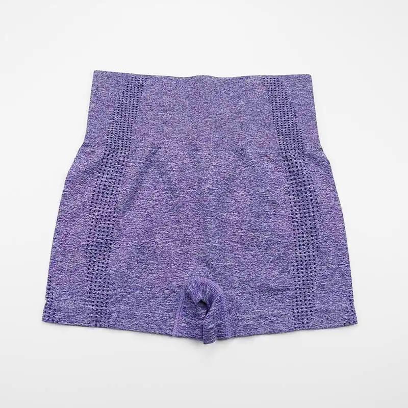 High stretch yoga fitness shorts in purple with a seamless design, perfect for maximum flexibility and comfort.