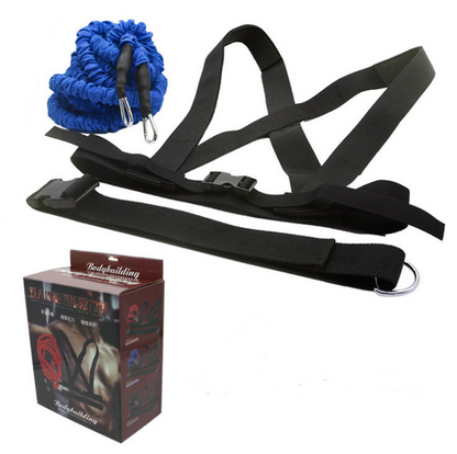 WILKYs0Double resistance band pull pull rope stretch track and field track an
 NAME: Double Explosive Force Trainer
 
 COLOR: Red / Black
 
 MATERIAL: Belt in PP / TUBE rubber / hook
 
 LENGTH: 5 M / 2 M
 
 RUPTURE FORCE: 50LB
 
 


 Packing 