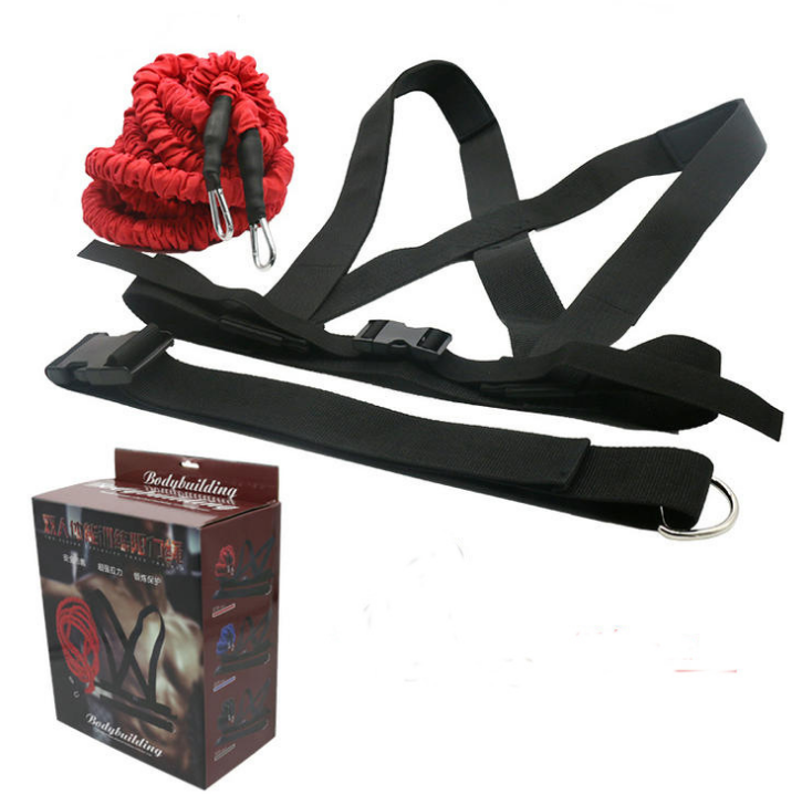 WILKYs0Double resistance band pull pull rope stretch track and field track an
 NAME: Double Explosive Force Trainer
 
 COLOR: Red / Black
 
 MATERIAL: Belt in PP / TUBE rubber / hook
 
 LENGTH: 5 M / 2 M
 
 RUPTURE FORCE: 50LB
 
 


 Packing 