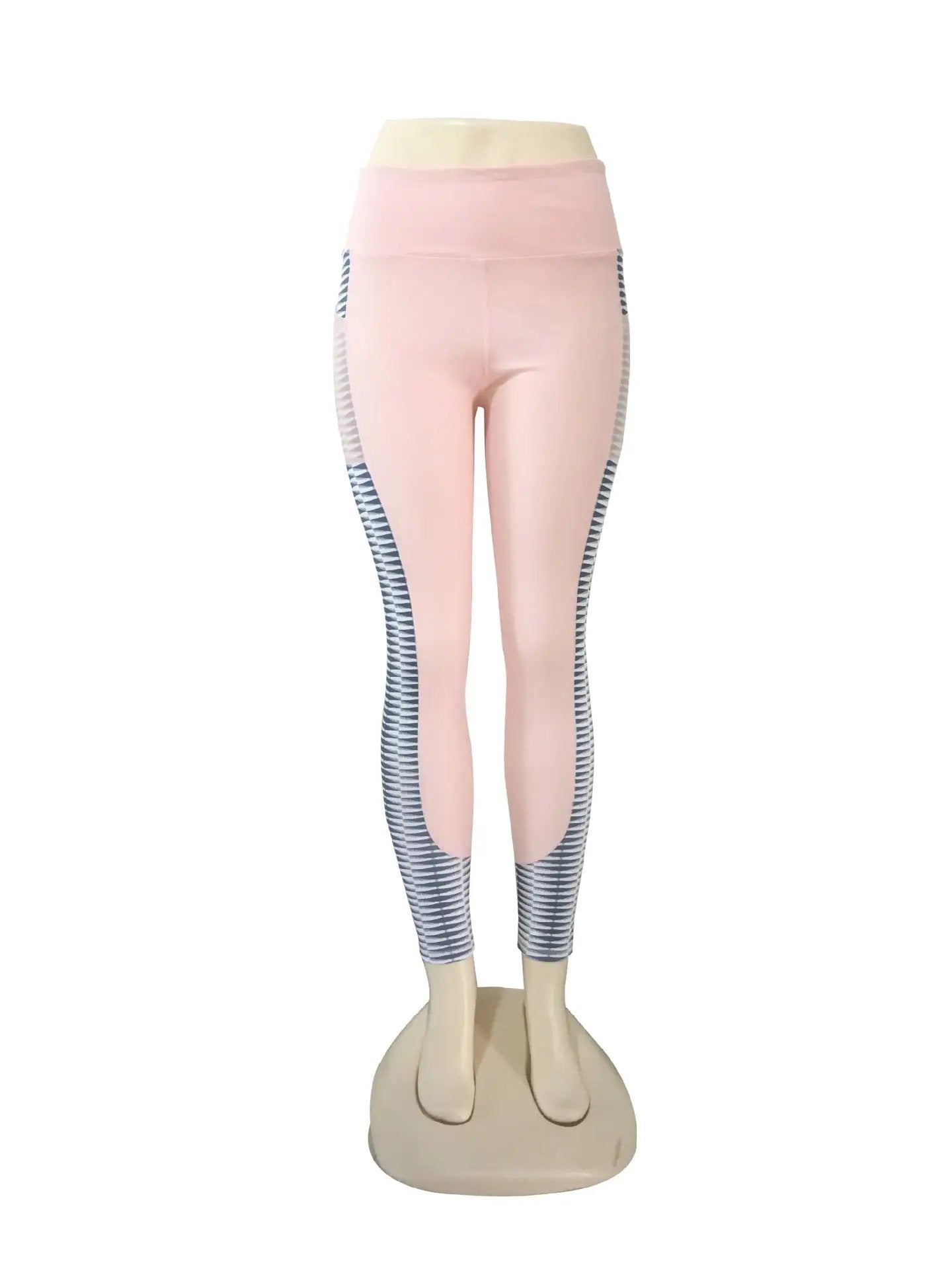 Pink yoga running fitness pants with striped accents, made of hemp blend fabric.