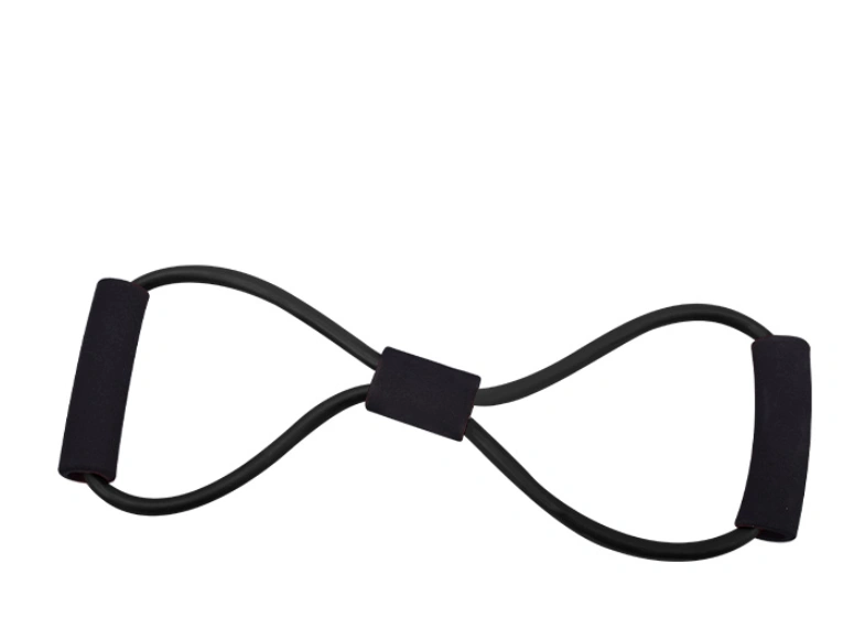 Black fitness stretching rope with foam handles.