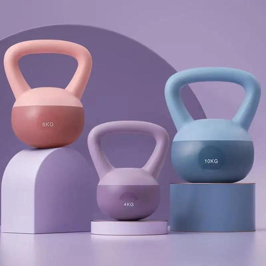 Women's Fitness Home Kettlebell in pink, purple, and blue colors, available in 4KG, 5KG, and 6KG weights.