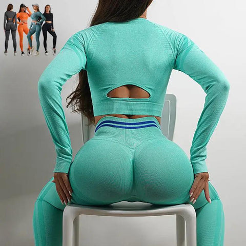 2pcs Seamless Yoga Pants Sports Gym Fitness Leggings And Long Sleeve Tops Outfits Butt Lifting Slim Workout Sportswear Clothing - WILKYs
