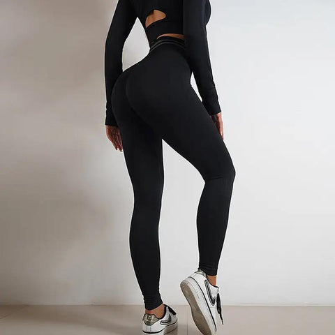 2pcs Seamless Yoga Pants Sports Gym Fitness Leggings And Long Sleeve Tops Outfits Butt Lifting Slim Workout Sportswear Clothing - WILKYs