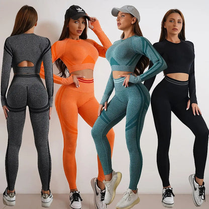 2pcs Seamless Yoga Pants Sports Gym Fitness Leggings And Long Sleeve Tops Outfits Butt Lifting Slim Workout Sportswear Clothing - WILKYs