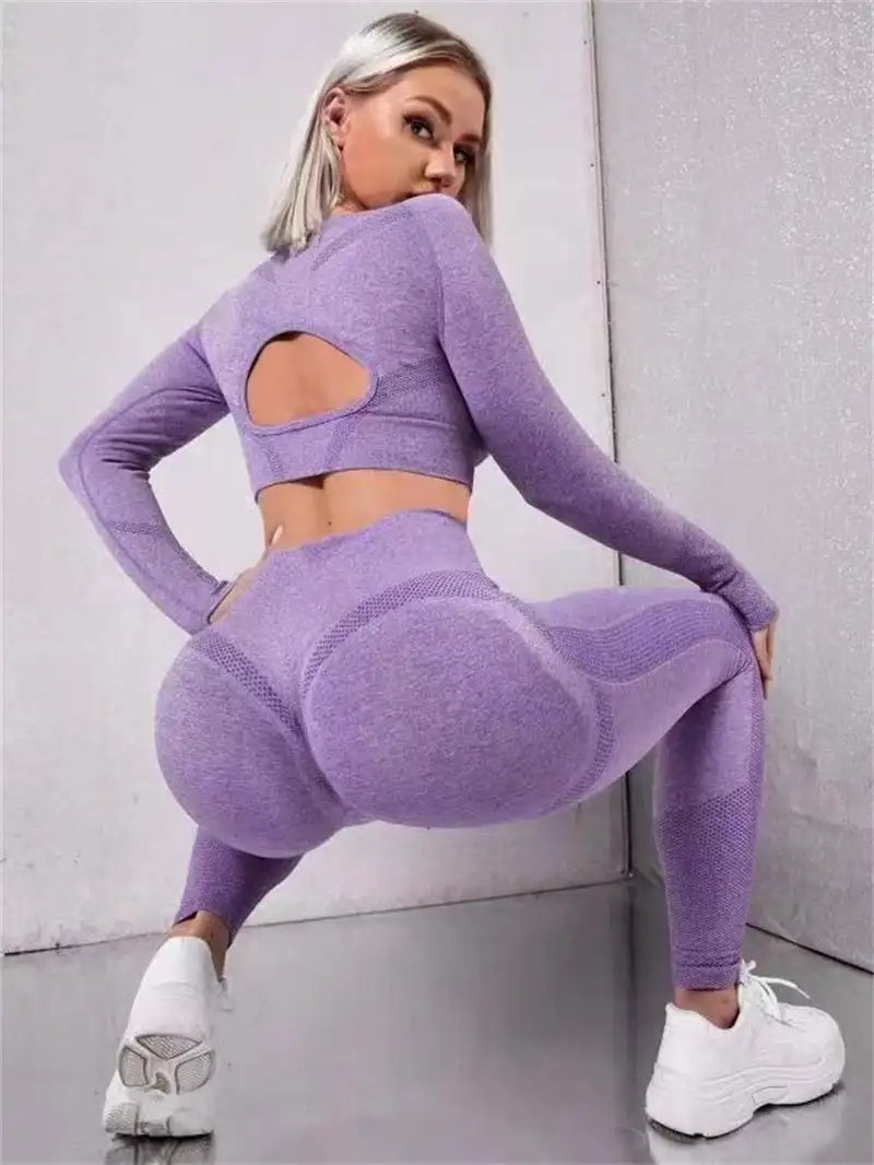 2pcs Sports Suits Long Sleeve Hollow Design Tops And Butt Lifting High Waist Seamless Fitness Leggings Sports Gym Sportswear Outfits Clothing - WILKYs