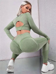 2pcs Sports Suits Long Sleeve Hollow Design Tops And Butt Lifting High Waist Seamless Fitness Leggings Sports Gym Sportswear Outfits Clothing - WILKYs