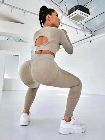 2pcs Sports Suits Long Sleeve Hollow Design Tops And Butt Lifting High Waist Seamless Fitness Leggings Sports Gym Sportswear Outfits Clothing - WILKYs