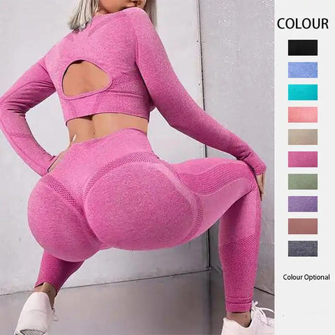2pcs Sports Suits Long Sleeve Hollow Design Tops And Butt Lifting High Waist Seamless Fitness Leggings Sports Gym Sportswear Outfits Clothing - WILKYs