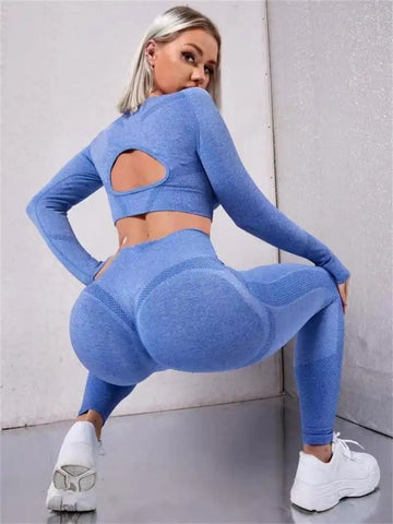 2pcs Sports Suits Long Sleeve Hollow Design Tops And Butt Lifting High Waist Seamless Fitness Leggings Sports Gym Sportswear Outfits Clothing - WILKYs