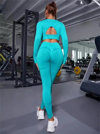 2pcs Sports Suits Long Sleeve Hollow Design Tops And Butt Lifting High Waist Seamless Fitness Leggings Sports Gym Sportswear Outfits Clothing - WILKYs