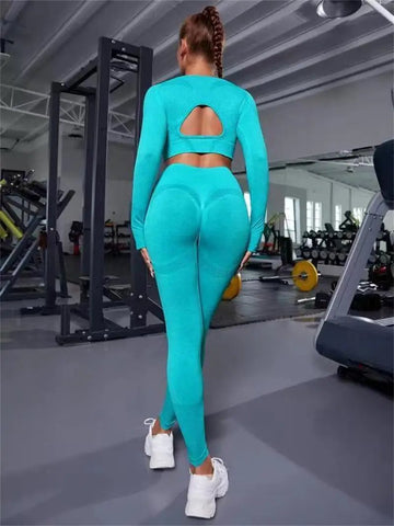2pcs Sports Suits Long Sleeve Hollow Design Tops And Butt Lifting High Waist Seamless Fitness Leggings Sports Gym Sportswear Outfits Clothing - WILKYs