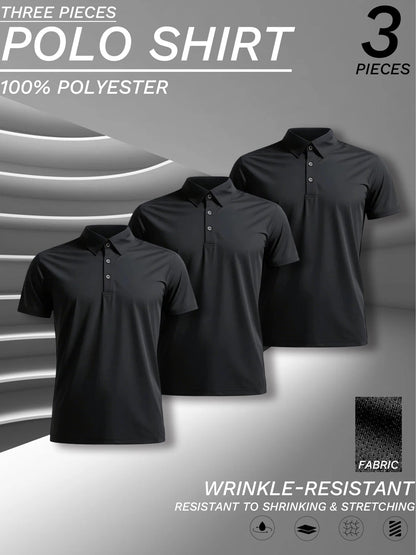 3 pcs set, men's polyester polo shirts, soft and comfortable, many colors available, suitable for daily wear - WILKYs