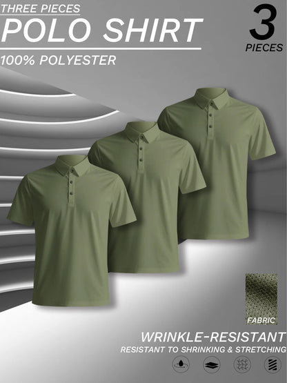 3 pcs set, men's polyester polo shirts, soft and comfortable, many colors available, suitable for daily wear - WILKYs